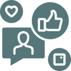 Icons of a heart, person in a chat bubble, thumbs up, and a speech bubble with dots, illustrating social media interaction.