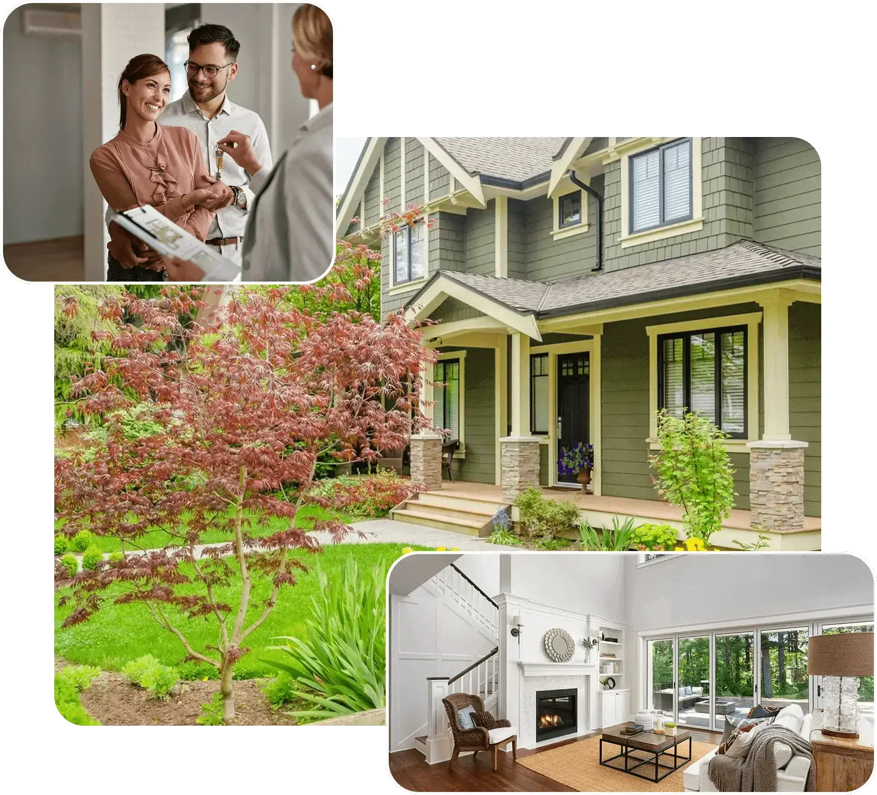 House exterior, interior, and people discussing plans.